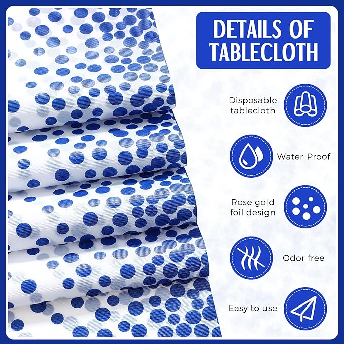 Breling 8 Pack Royal Blue Disposable Plastic Tablecloths and Satin Table Runner Set, 54 x 108 Inch Tablecloth, 12 x 108 Inch Table Runners for Wedding Graduation Birthday Baby Shower New Year