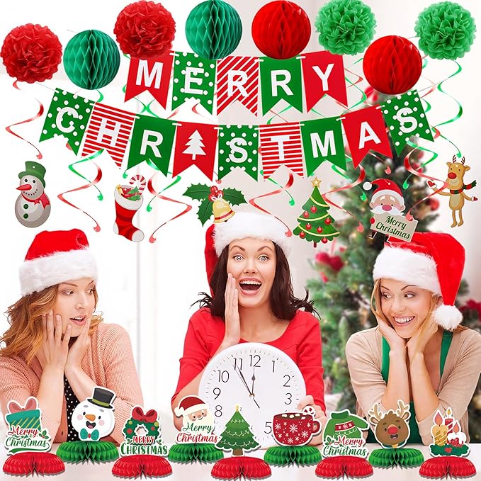 Merry Christmas Party Decoration Banner Set Paper Fan Flower Xmas Bunting ,Swirls Streamers Christmas Tree Xmas Stocking Santa Table Decorations
