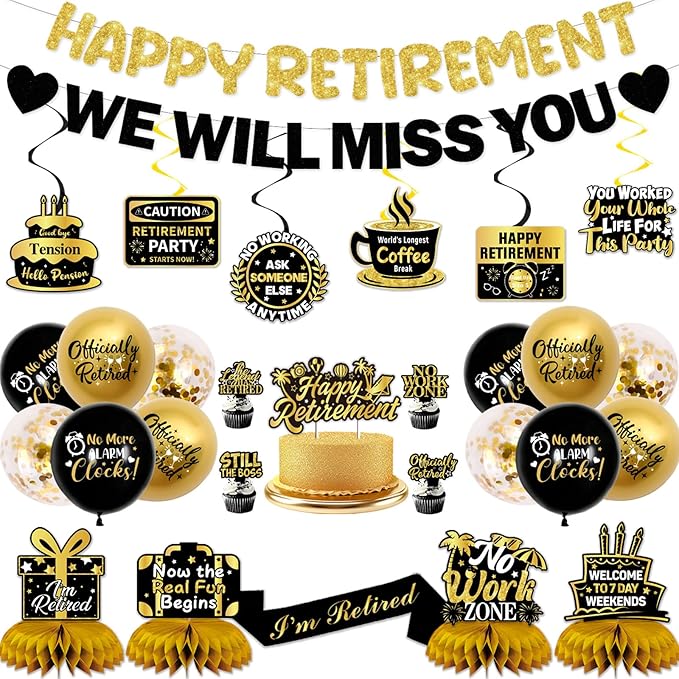 Retirement Party Decorations Men Women, Black Gold Happy Retirement Decorations, Pre-Strung Happy Retlrement & We Will Miss You Banner, Balloons, Hanging Swirl, Cake Topper, Retired Sash Honeycomb Set