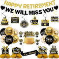 Retirement Party Decorations Men Women, Black Gold Happy Retirement Decorations, Pre-Strung Happy Retlrement & We Will Miss You Banner, Balloons, Hanging Swirl, Cake Topper, Retired Sash Honeycomb Set