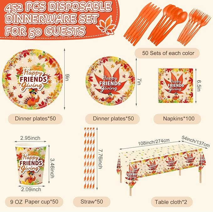 452 Pcs Happy Friendsgiving Party Decoration for 50, Fall Maple Leaf Friends Giving Paper Plates Napkins Cups Tablecloth Cutlery Straws for Autumn Friendsgiving Thanksgiving Party Supplies