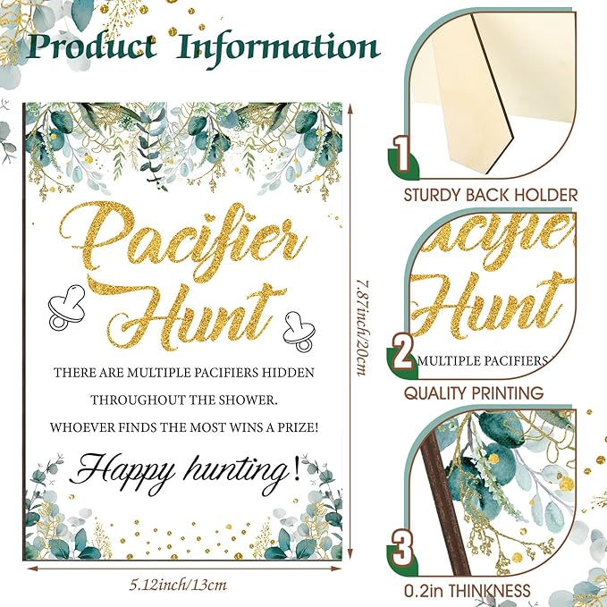 Thyle 51 Pcs Greenery Theme Pacifier Hunt Baby Shower Games Include Blue Hunt Sign and 50 Acrylic Pacifiers for Greenery Eucalyptus Baby Shower Game Decoration Gift Sets Gender Reveal Party Decor