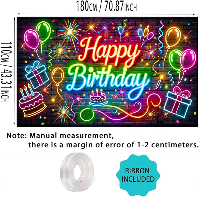 Nuxovilar Neon Brick Wall “Happy Birthday” Party Decor Banner, Colorful Streamers Pattern Backdrop for Birthday Celebrations, Yard Sign Background, 71x43 Inch