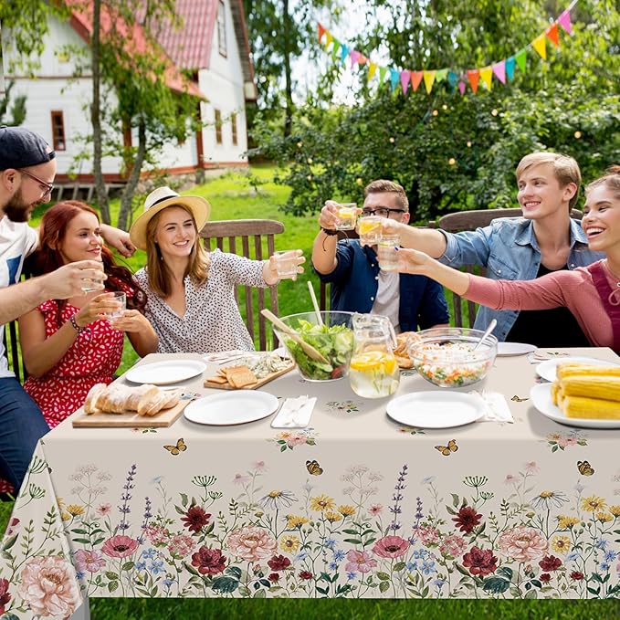 6 Pcs Spring Floral Tablecloth, Butterfly Wildflower Plastic Disposable Tablecloth Rectangle Table Covers for Easter, Birthday, Wedding, Mothers Day Tea Party Supplies and Decorations,54 x 108 Inch