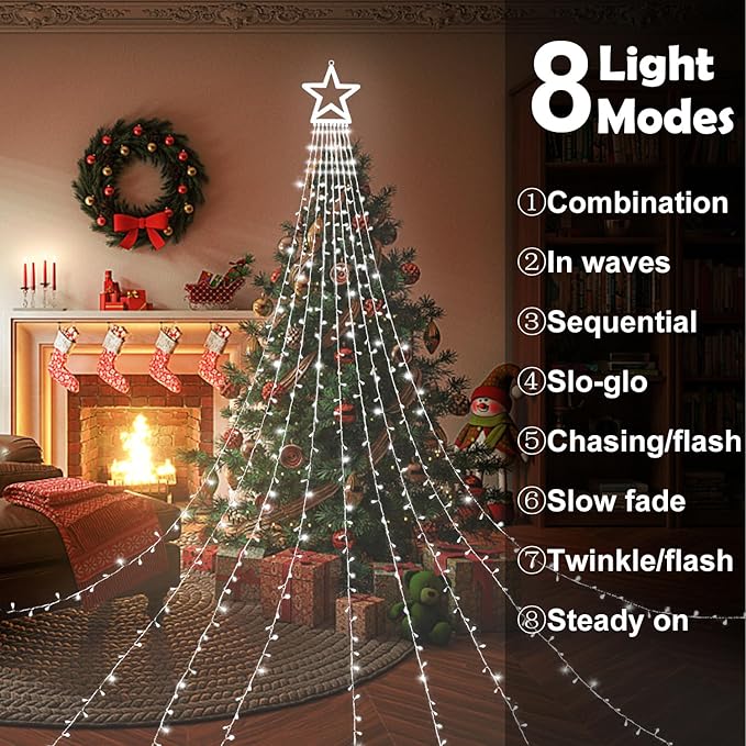Christmas Decorations, Christmas Star Lights, 320 LED 16.4Ft Christmas Tree Toppers String Lights [8 Modes& Waterproof] for Halloween New Year Holiday Birthday (White)