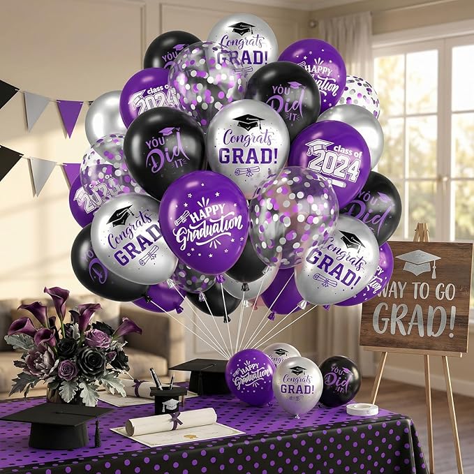 Purple Black and Silver Balloons,12 Inch Print You've Did It Happy Graduation 2026 Balloon and Confetti Balloons with Ribbon,for Graduation Class of 2026 Party Decoration Supplies