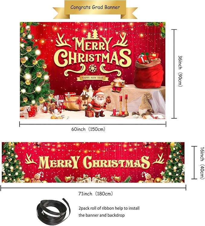 Large Christmas Party Banner and Backdrop for Indoor & Outdoor, Yard Garden Halloween Decorations & Party Supplies (Red)