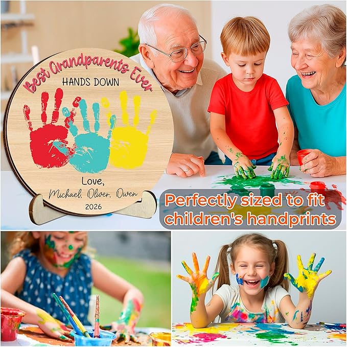 Personalized Hands Down Best Grandma Ever Handprint Kit with Paint, Family Craft Wooden Sign, Fathers Day Handprint Plaque Keepsake, Valentines Day Birthday Gift for Mom, Dad, Grandma, Nana
