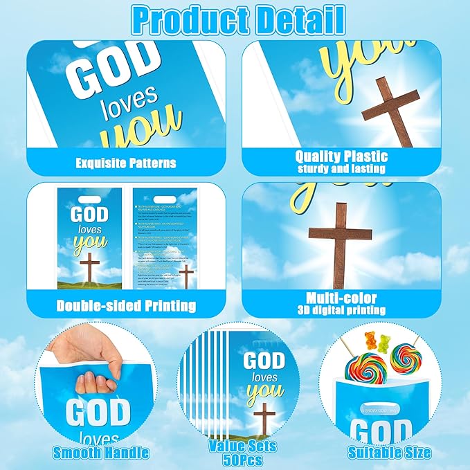God Loves You Party Favor Bags - 50Pcs Christian Cross Bible Verse Goody Candy Treat Bags for Baptism Party Decorations for Christian Religious Church Sunday School First Communion Events