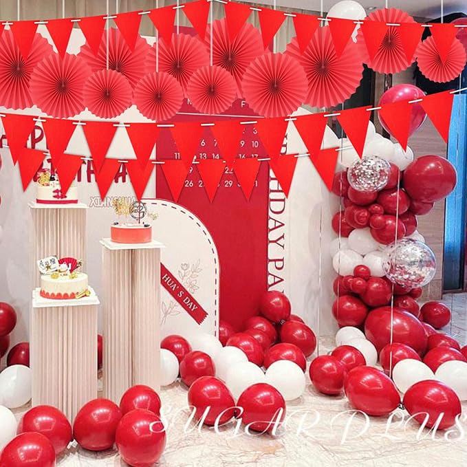 44ft Red Party Decorations, Hanging Glitter Paper Triangle Flag DIY Banner for Christmas Party Decorations for Decor Graduation Carnival Bachelorette Engagement Wedding Birthday Baby Bridal Shower