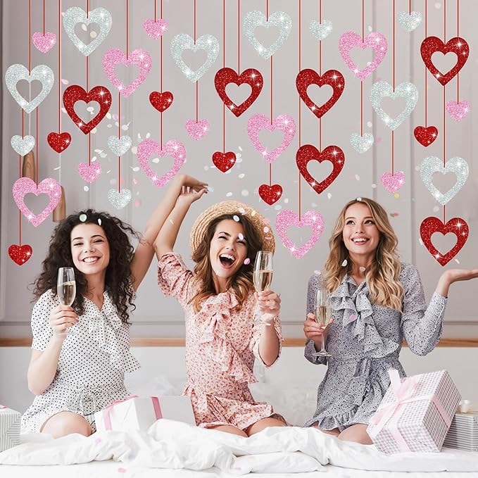 36 Pcs Valentine's Day Decorations Glitter Heart Hanging Swirls - No DIY Red Pink Silver Heart Hanging Decorations Party Decoration Swirls Ornaments for Valentines Day Party Supplies Decorations