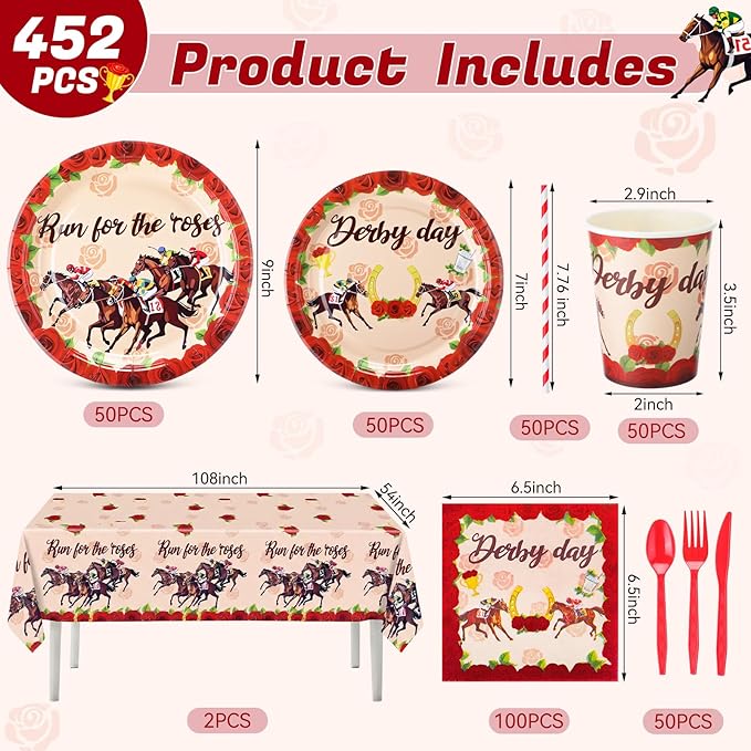 Ceenna 452 Pcs Derby Day Party Supplies for 50 Guests, Run for the Roses Derby Paper Plates Napkins Cups Tablecloth Cutlery Straw Disposable Tableware for Horse Racing Day Party Decorations