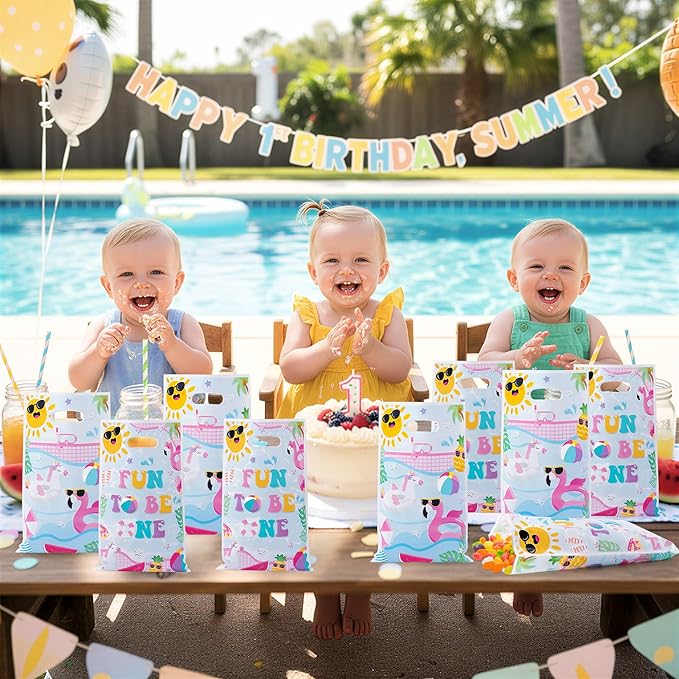 Summer Pool Party Favor Bag - 50Pcs Beach Fun to Be One Goody Candy Treat Gift Bag Summer Flamingo Beach 1st Birthday Party Decoration for Kid Girl First Birthday Hawaiian Swimming Pool Event Supplies