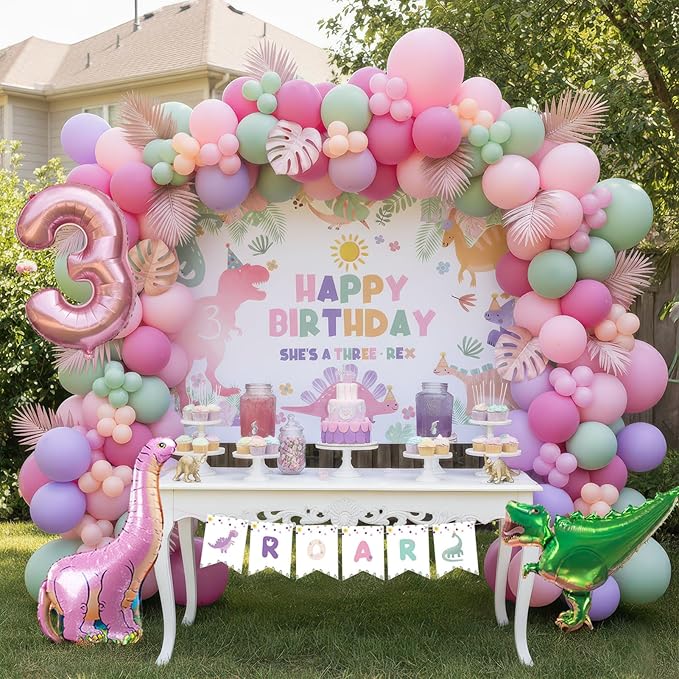 Dinosaur Balloon Garland Arch Kit Pastel Pink green and purple with Number 3 mylar balloon & Banner & backdrop for Girl Dino Baby Shower Dinosaur 3rd Birthday Three Dino Rex Party decorations