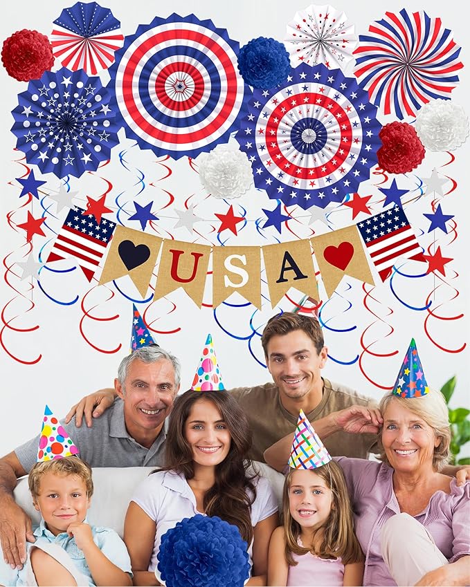 33 Pcs 4th/Fourth of July Memorial Day Decorations, Patriotic Decorations Outdoor Indoor Office USA Banner Red White Blue Star Streamer Hanging Swirls Veterans Day Decor for Independence Day