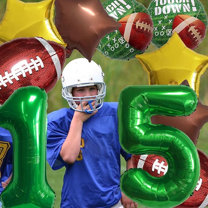 Football Balloons Foil Football Birthday Decorations Balloons Green Number 15 Balloon Gold Brown Star Touchdown Ballons for Rugby Birthday Decorations Sports Ballons Arch Kits Party Balloon Sets 10pcs