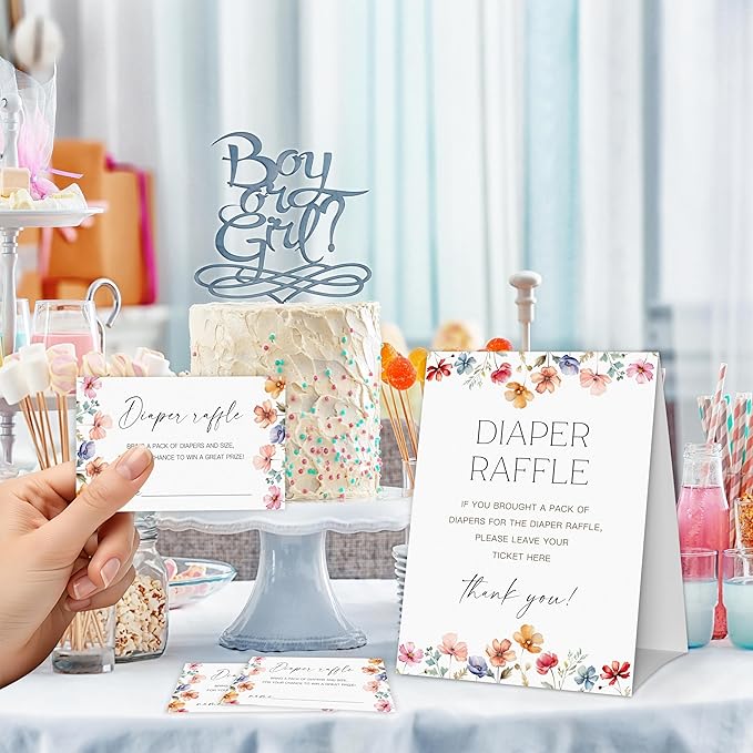 Boho Flower Diaper Raffle Game, Diaper Raffle Tickets for Baby Shower, Floral Gender Neutral Tickets for Baby Shower Party Favor Decorations Supplies (1 Sign + 50 Cards)