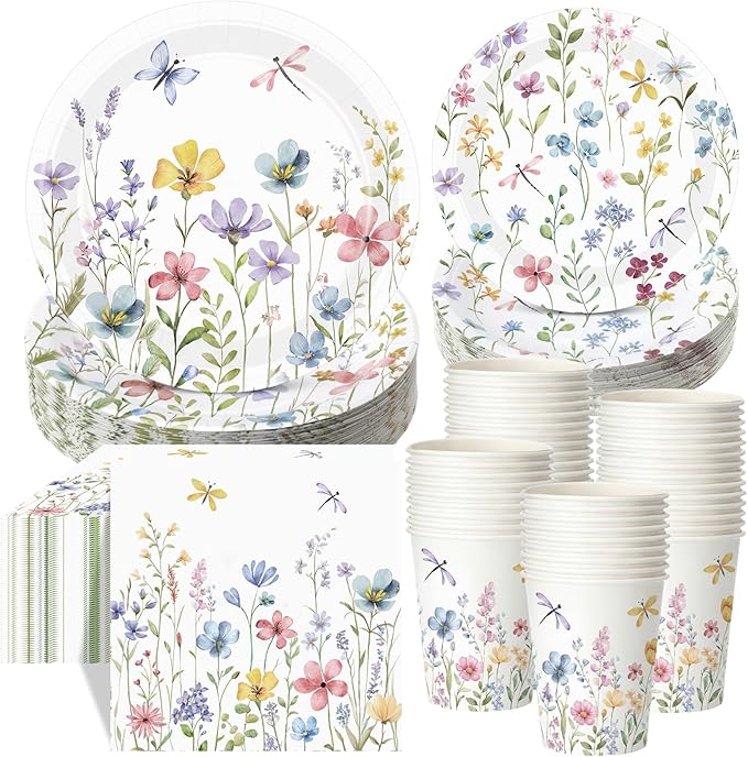 Pickmesh 250 Pcs Spring Floral Disposable Tableware Set Wildflower Butterfly Disposable Paper Plates Napkins and Cups for Baby Bridal Shower Birthday Wedding Baby in Bloom Garden Tea Party Supplies