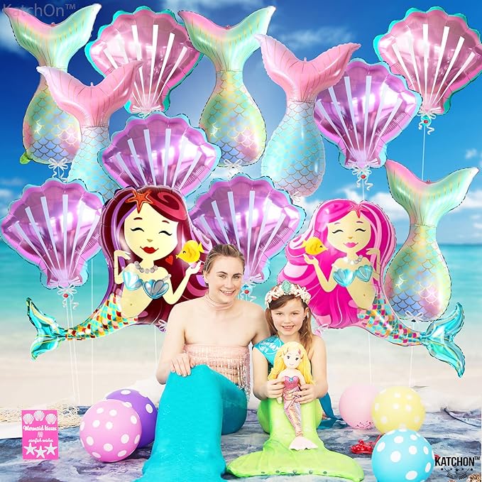 KatchOn, Big, Colorful Mermaid Balloons Set - 38 Inch, Pack of 16 | Mermaid Tail Balloon, Seashell Balloons | Mermaid Foil Balloons for Mermaid Party Decoration | Mermaid Birthday Balloon Decorations
