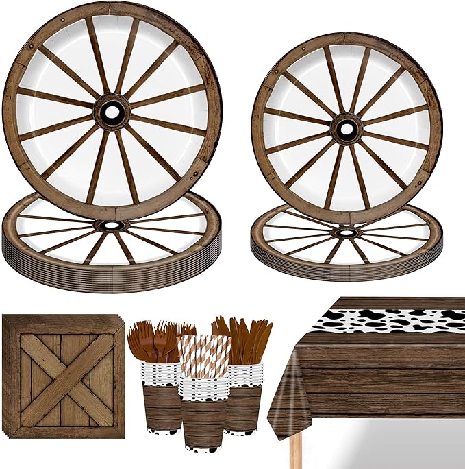 168PCS Wagon Wheel Party Decorations Western Party Supplies Brown Wild West Paper Plates Napkins Cups Knives Forks Straws tablecloths for 24 Guests