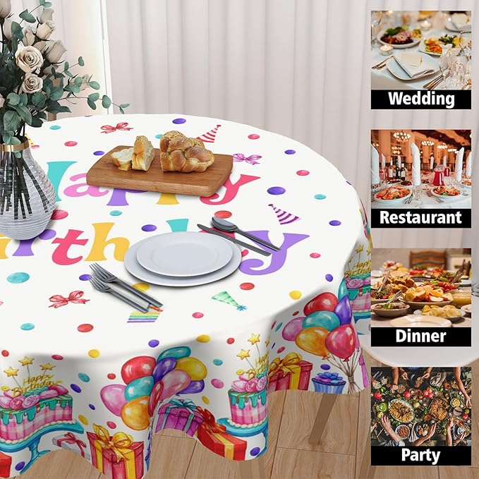 Happy Birthday Round Tablecloth 60 Inch Colorful Gift Birthday Hat Pattern Circle Table Cloth Holiday Table Cover Washable Polyester Decorations for Home Kitchen Dinning Party