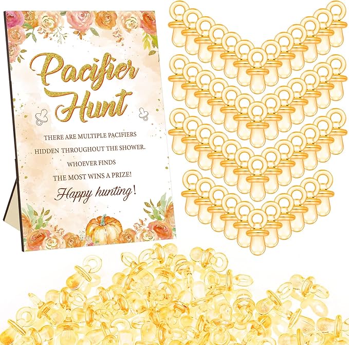 Thyle 51 Pcs Fall Baby Shower Games a Little Pumpkin Is on The Way Pacifier Hunt Include Hunt Sign and 50 Acrylic Pacifiers for Thanksgiving Autumn Baby Shower Pumpkin Gender Reveal Party Decor