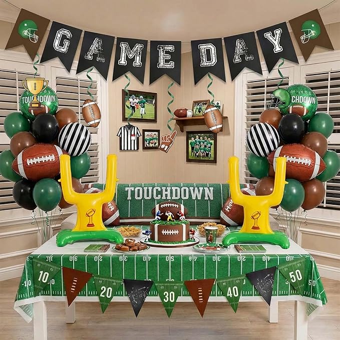 Football Balloons dark green brown black Balloons with Banner Hanging Swirl Goal Post Football Balloons for Sports Birthday Boys first year touch down party decorations