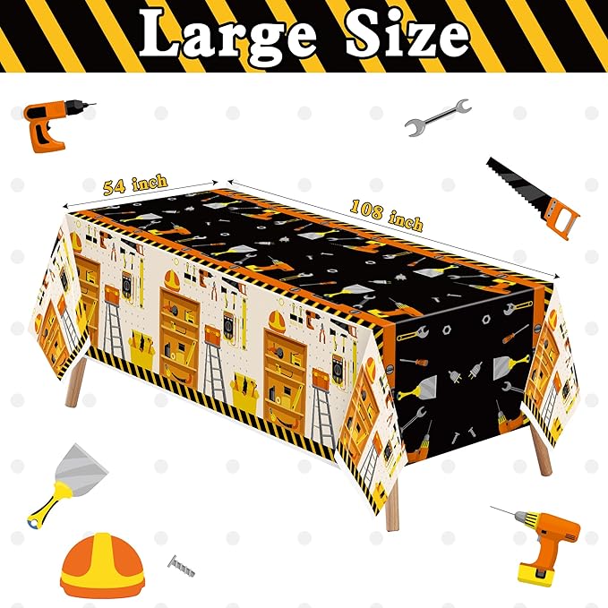 6 Packs Tool Theme Plastic Tablecloths Decoration Waterproof Rectangle Cute Tool TableCover Design with Hard Hat, Nuts, Bolts, Ladders, Spade Patterns for Kids Boys Birthday Party Supplies
