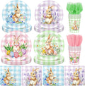 144Pcs Bunny Plates and Napkins - Colorful Gingham Spring Floral Rabbits Themed Dinnerware Set for Happy Easter Party Decorations