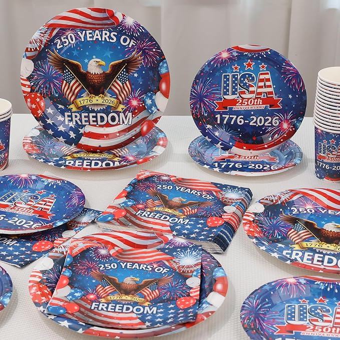 Probsin 250th Anniversary Plates and Napkins Set for 24-Disposable Paper Plates, Napkins, Cups, 250 Years of Freedom 1776-2026 American Eagle Patriotic Party Supplies for Outdoor Picnic