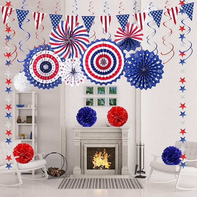 4th of July Patriotic Party Decorations 27 PCS Set, 6 Paper Fan, 6 Flower Ball, 1 USA Flag Pennant, 2 Star Streamer, 12 Swirl Streamer, Independence Day, Memorial Day, Veterans Day Decor Supplies