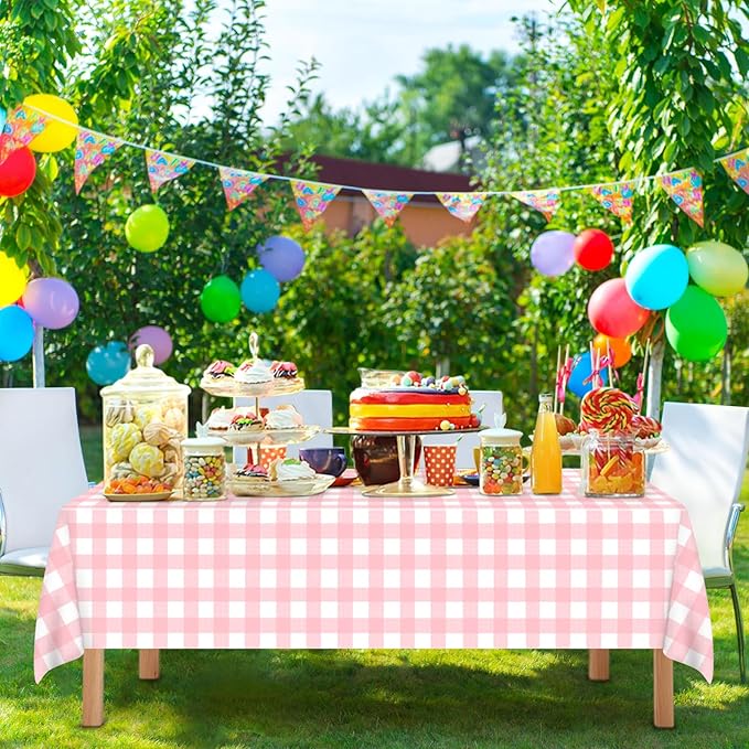 4 Pcs Pink Gingham Tablecloth 54 × 108 Inches Pink and White Checkered Table Cloth Disposable Plastic Waterproof Tablecover for Outdoor Picnic, Birthday Party, Holiday Dinner