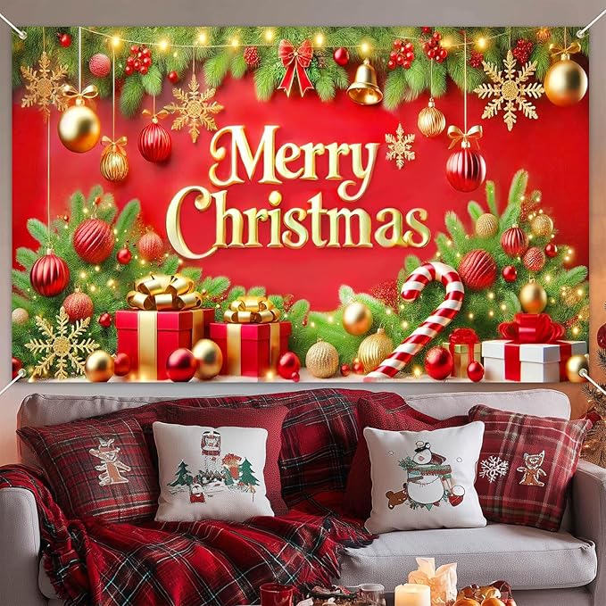 Merry Christmas Backdrop 71x43 Inches Red and Gold Gift Box Scene Banner Holiday Party Photography Background Indoor Outdoor Christmas Decorations for Wall or Door