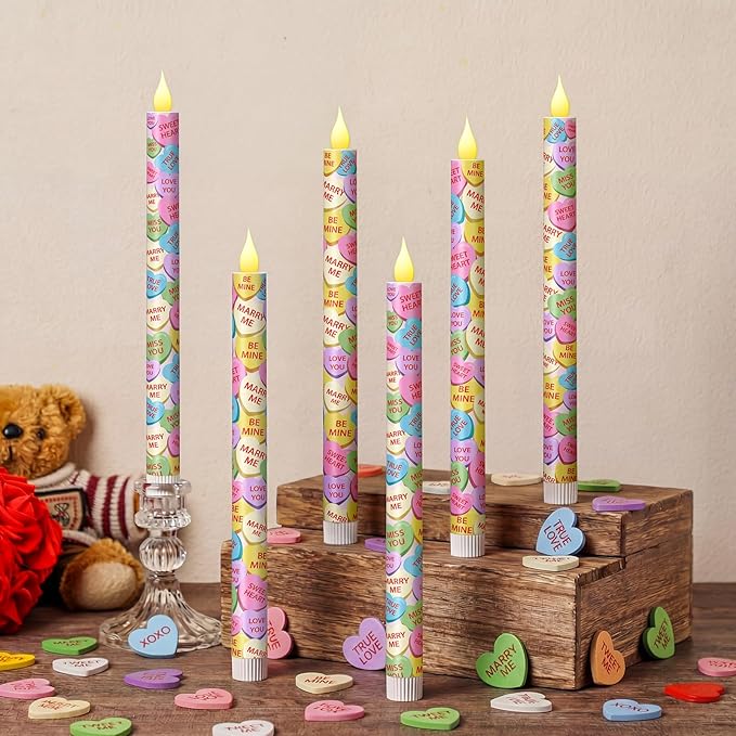Honoson 6 Pcs Conversation Heart Decor 10.6 Inch Valentine Day Flameless Taper Candles Battery Operated LED Candlesticks for Conversation Hearts Party Valentine Wedding Anniversary Dinner Table Decor