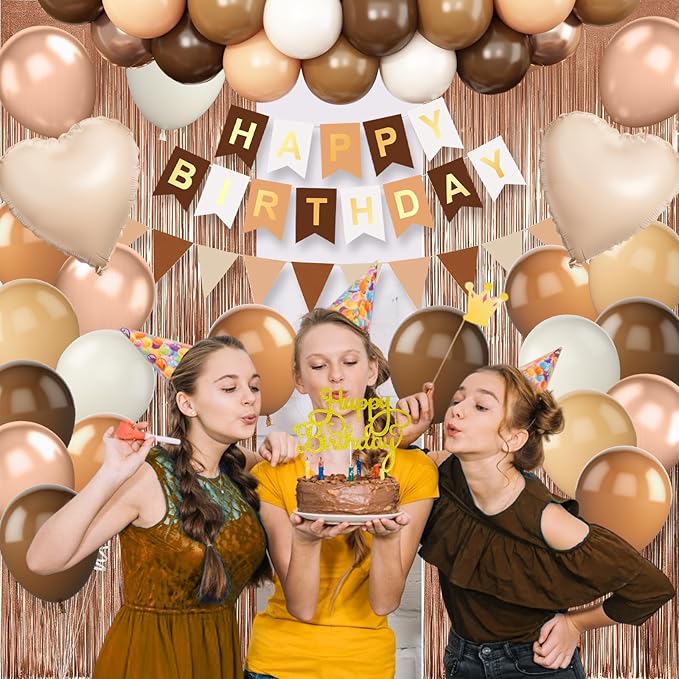 Brown Birthday Decorations,Happy Birthday Banner Beige Cream Neutral Boho Balloons Fringe Curtain Heart Foil Balloons for Women Boys Girls Baby Shower