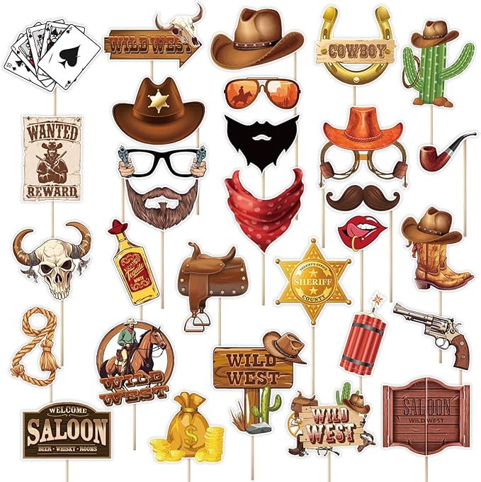 30 Pieces Western Cowboy Cowgirl Photo Booth Props Wild West Themed Party Decoration Rodeo Party Decorations with Wanted Sign for Country Party Bachelorette Rustic Party Supplies(Brown)