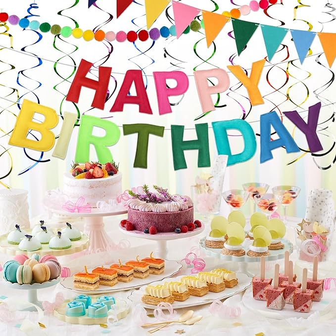 Pre Strung Happy Birthday Banner Set - Felt Ball Garland, Felt Birthday hat and Pennant Flags & Colorful Hanging Swirl, Reusable Rainbow Party Decorations for Kids & Adults