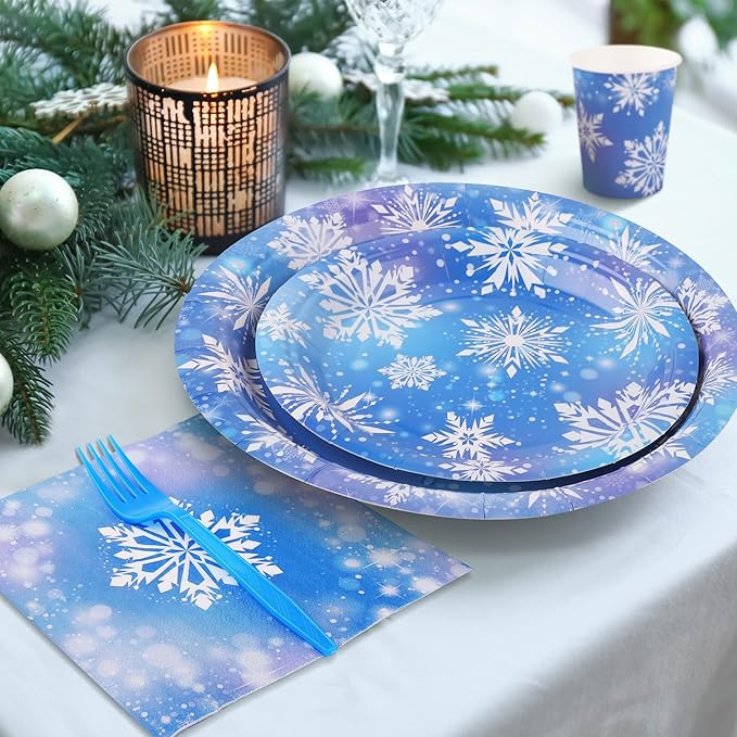durony 144 Pieces Frozen Paper Plates and Napkins Dinnerware Set Winter Snowflake Party Tableware Supplies Includes Paper Plates Napkins Forks Serve 24 for Christmas Party Supplies