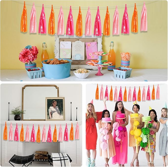 BEISHIDA 3 Packs Pink Orange Metallic Foil Fringe Tassel Garland, Tassels Banner Streamers for Car Floats Easter Baby Shower Birthday Party Decoration Wedding Garden Children's Holiday Party Supplies