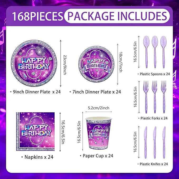 168pcs Music Party Supplies Paper Plates Napkins Disposable Paper Cups Purple Fork Tableware Set Purple Music Birthday Party Decoations for Girls Birthday Supplies Serve 24