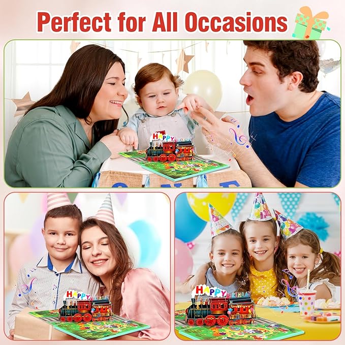 FaCraft Train Musical Birthday Cards for Kids - Music and Light, 3D Pop Up Happy Birthday Cards with Envelope Blank Insert for Boys Women Men Girls