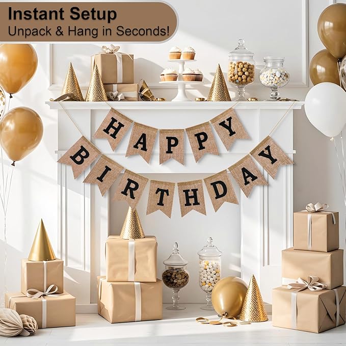 Happy Birthday Banner - Pre‑Strung Burlap Birthday Decorations and Reusable Birthday Sign for Men, Women & Kids | Party Supplies Backdrop (Black)