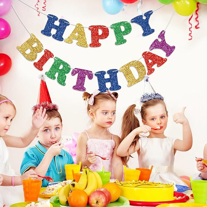 Glitter Colorful Happy Birthday Banner Birthday Party Decorations Sign Garland Bunting Banner for Wall Decor Party Background for Kids Boys Girls Adults