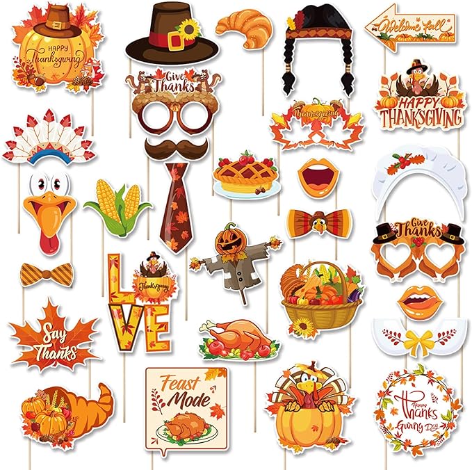 30 pcs Thanksgiving Photo Booth Props Funny Turkey Day Kits DIY Selfie Props with Stick for Fall Thanksgiving Day Party Decoration Favors
