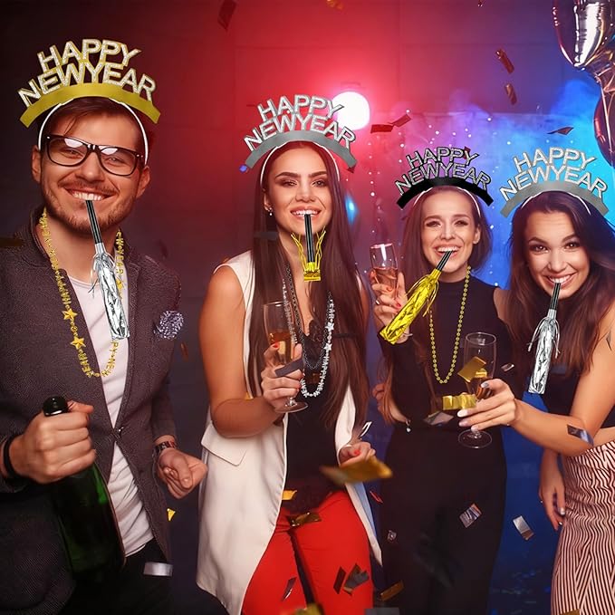 Openfly 36Pcs New Years Eve Party Supplies 2026 Happy New Year Hats Headband Tiara Noise Makers Paper Glasses Party Favors