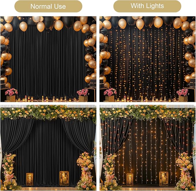 20x10FT Black Backdrop Curtains with Lights for Parties,Wrinkle Free Wedding Photo Backdrop Curtains for Baby Shower Birthday Ceremony Reception Home Party Decorations-5ft x 10ft,4 Panels