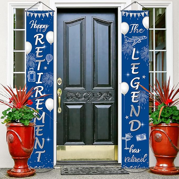 Boao Retirement Porch Sign Door Hanging Banner, Retirement Banner the Legend Fabric Door Sign Background for Retire Party Decoration Supplies, 71 x 12 Inches(Blue and Silver)
