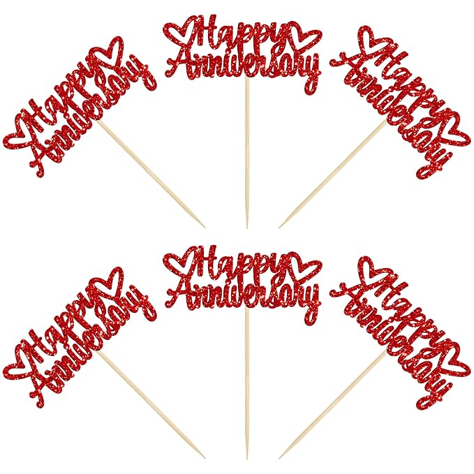 Gyufise 24Pcs Glitter Happy Anniversary Cupcake Toppers Anniversary Party Supplies Cake Decoration Wedding Celebration Party Decoration Supplies Red