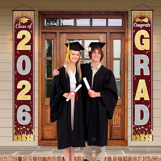 OHOME Graduation Decorations 2026 - Maroon Gold Congrats Grad Porch Banner for Graduation Party Decorations - Class of 2026 - Party Favors Supplies Backdrop Yard Signs Decor (Maroon)