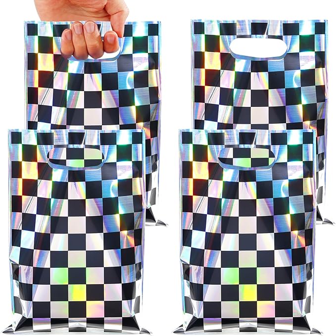 FunnyPars 50 Pcs Iridescent Checkered Race Car Party Favor Bags, Plastic Black and Iridescent Car Goodie Treat Bags, Racecar Laser Plaid Gift Bags for Kids Fast Race Car Birthday Party Decorations